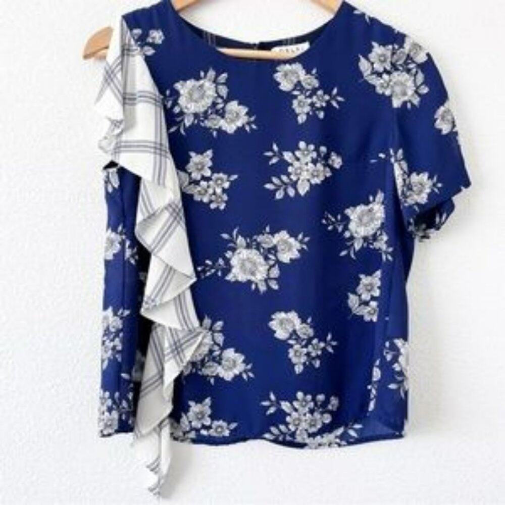 DELFI  blue floral ruffle blouse mixed‎ media plaid